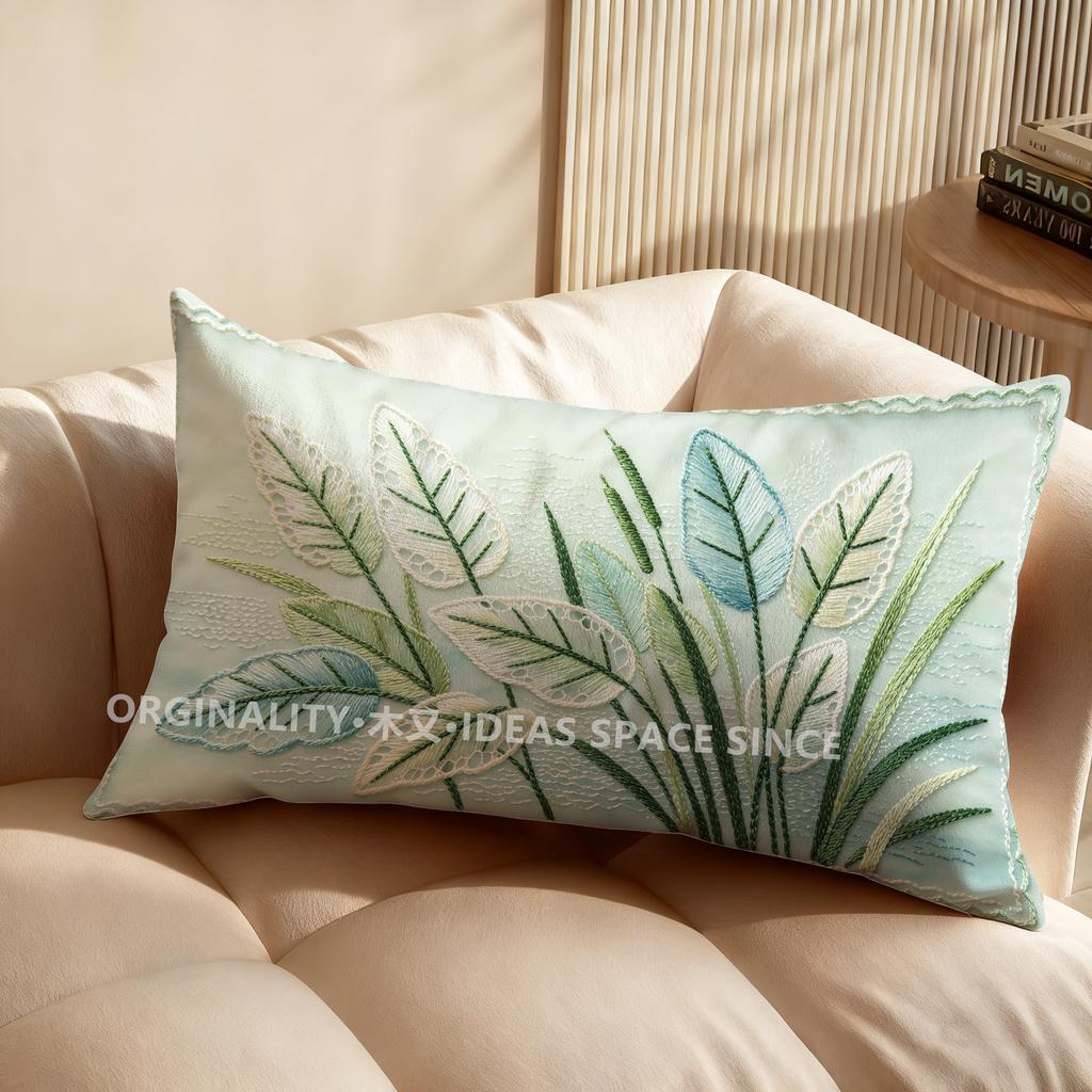 Tropical Leaf Embroidery Lumbar Pillow Covers Suitable For Sofa Bedroom Car Cushion Rectangular Back Cushion