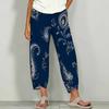 Women Plus Size White Green Floral Printed Loose Cropped Pants Cross Hem With Pockets