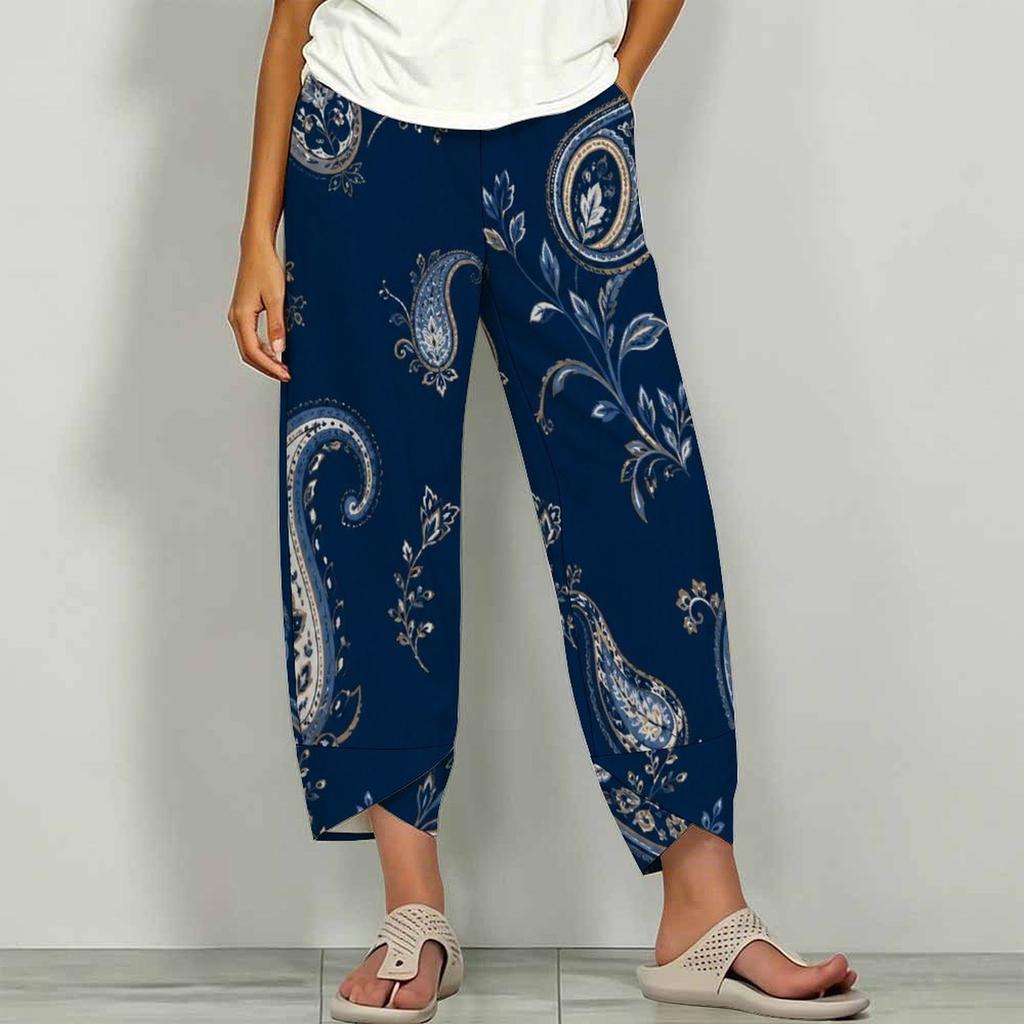 Women Plus Size White Green Floral Printed Loose Cropped Pants Cross Hem With Pockets