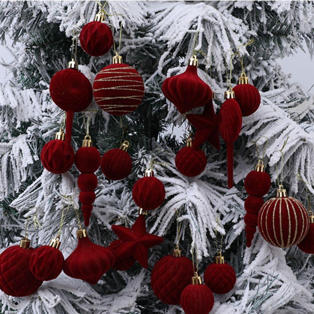 24PCS Flocking Christmas Balls Pendant Plastics Xmas Tree Hanging Christmas Home Decoration