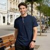 Men Quarter Button T-Shirt Solid Color Short Sleeve Band Collar Summer Tee Loose Fit Tee Shirt with Chest Pocket for Street Holiday Beach