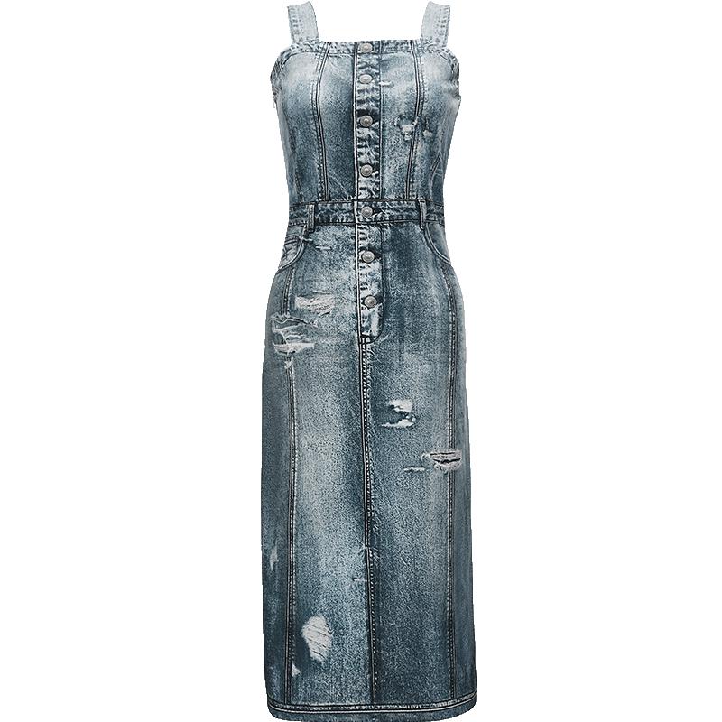 

VEROMODA Women s Vintage Wash A-line Denim Suspender Dress L