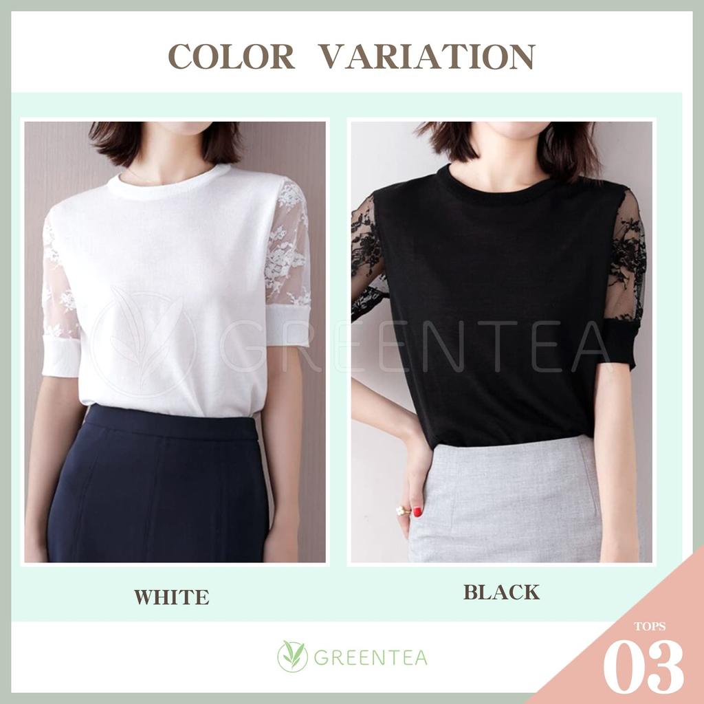Green Tea Lace Sleeve Summer Short Sleeves Women's Top, Sleeve, See-Through (L, Black)