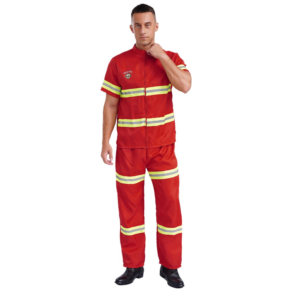 Adult Firefighter Dress Up Suit - 4-Piece Costume with Short Sleeve Jacket, Pants, Belt & Safety Helmet