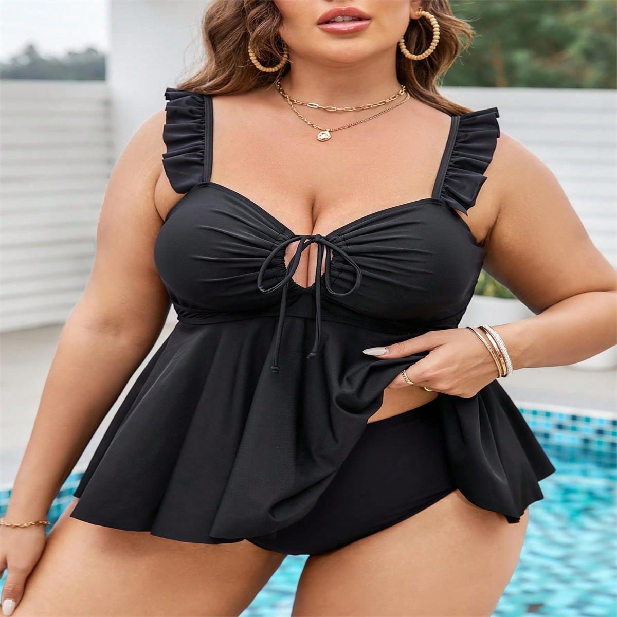 

Женский купальник большого размера из двух частей с шортами для контроля живота XL чёрный