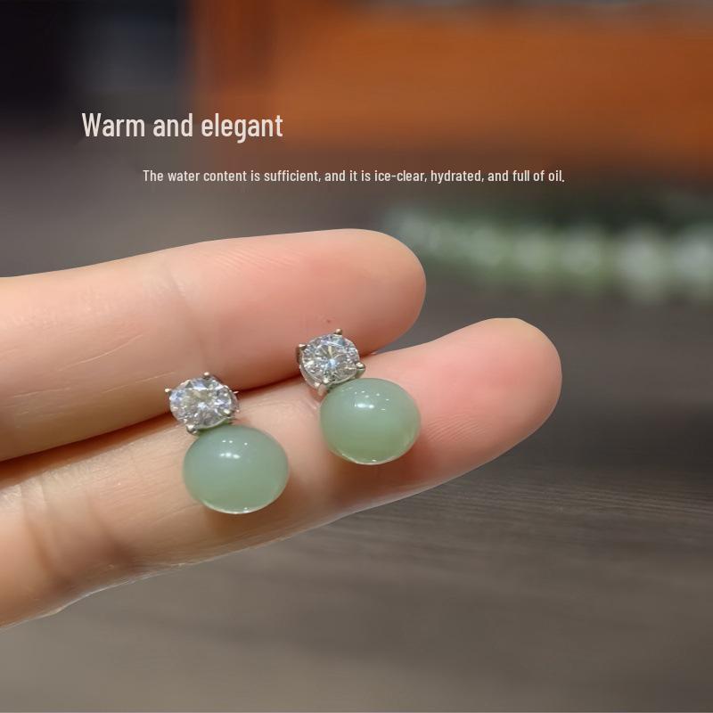 S925 Sterling Silver Needle Hetian Jade Moissanite Stud Earrings - Women's High-End Chinese Style Green Round Bead