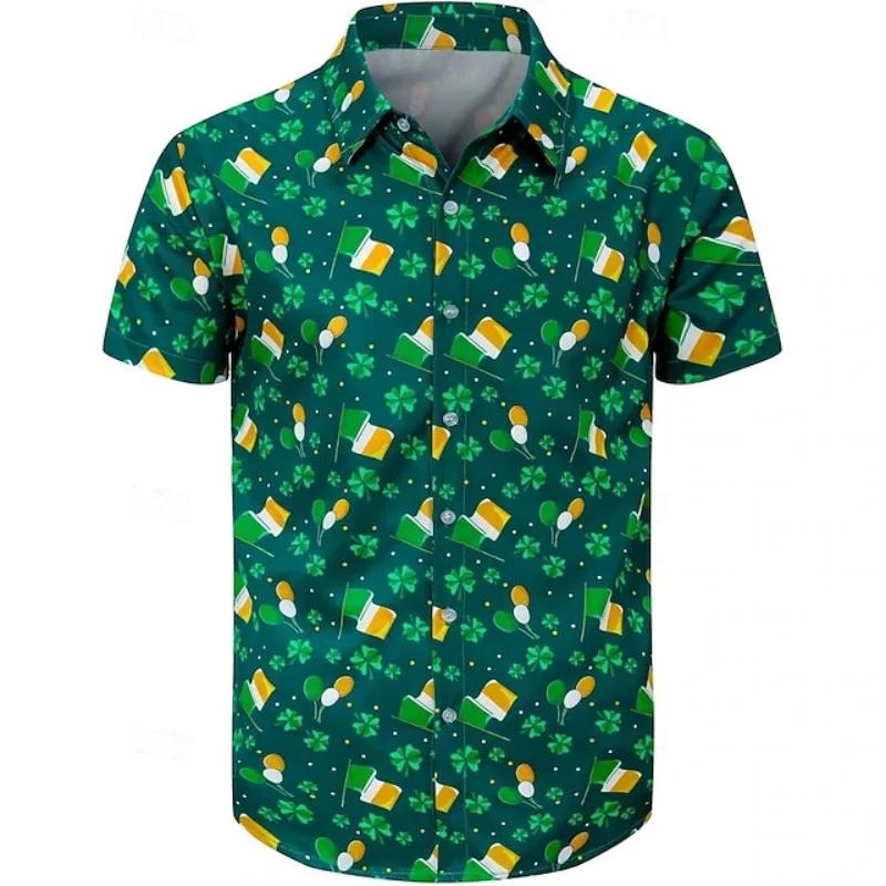 3D Print St Patrick Green Hawaiian Shirts For Men Casual Short Sleeve Button Up Surfing Shirt Tops Men's Beach Shirts Clothing