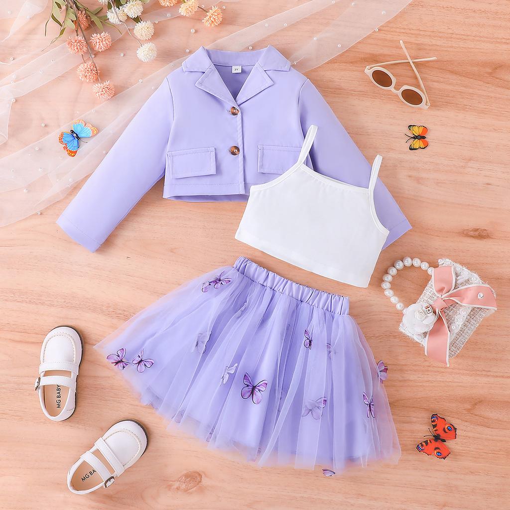 New Children's Long Sleeve Jacket + Vest + Short Skirt Three-Piece Spring and Autumn Little Girl's Mesh Skirt Set