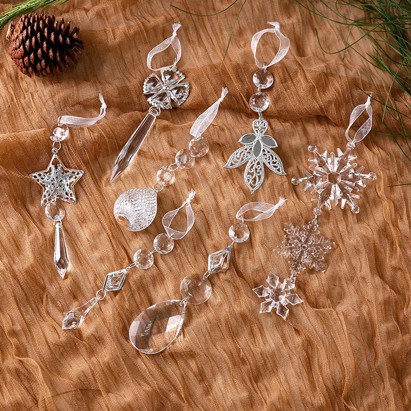 Transparent Acrylic Indoor Snowflake Crystal Ice Pendant Pearl Water Drop Hanging String Christmas Tree Ornament Pendant