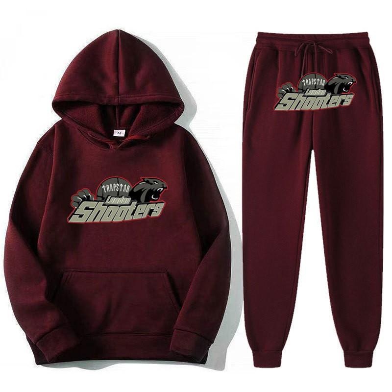 Conjunto Casual de Moletom Esportivo para Homens e Mulheres Estilo Trapstar Estampa de Tigre Preto Vermelho Moletom Calça Jogger