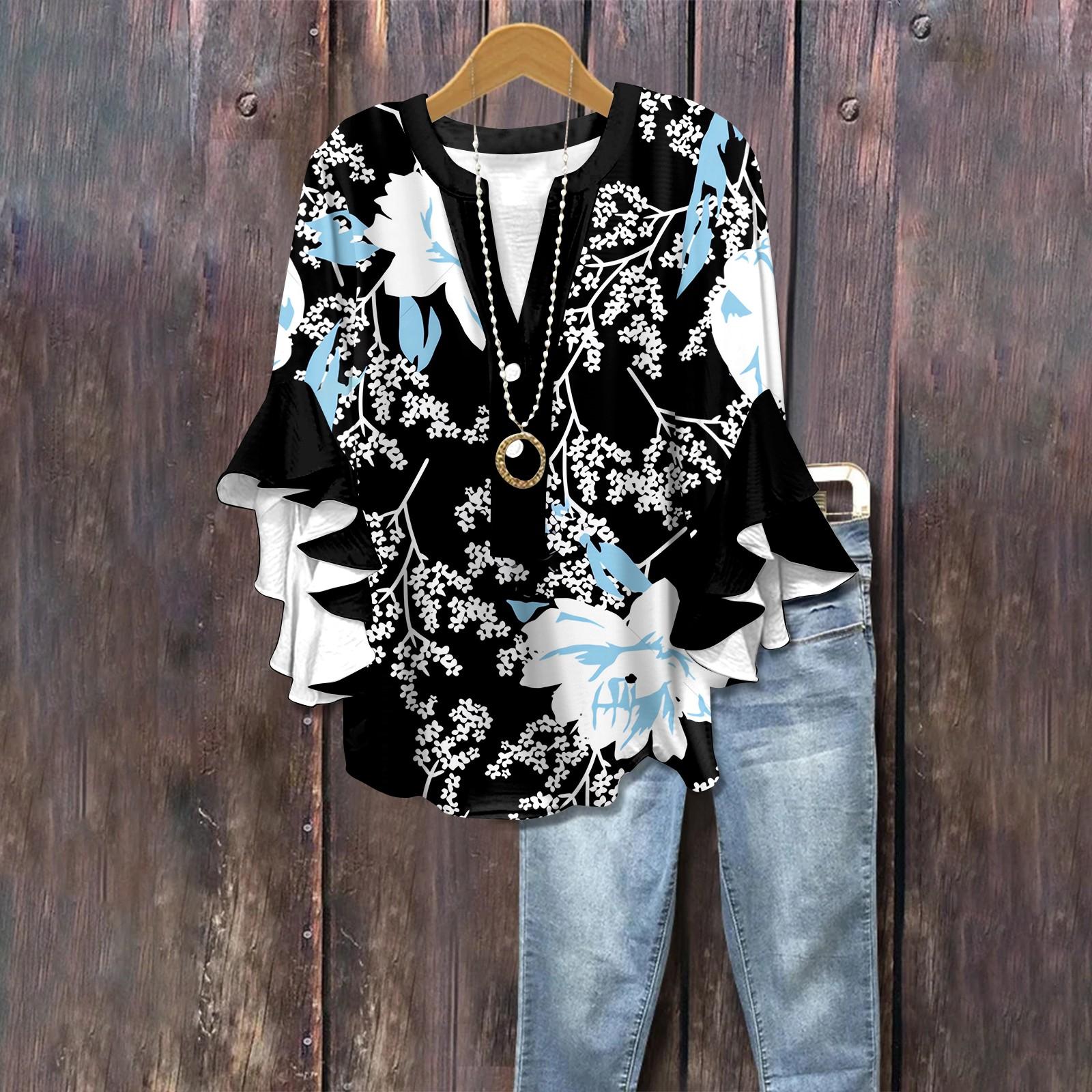 

Летние топы для женщин, симпатичные блузки с V-образным вырезом и рукавом 3/4, повседневные рубашки с цветочным принтом L чёрный