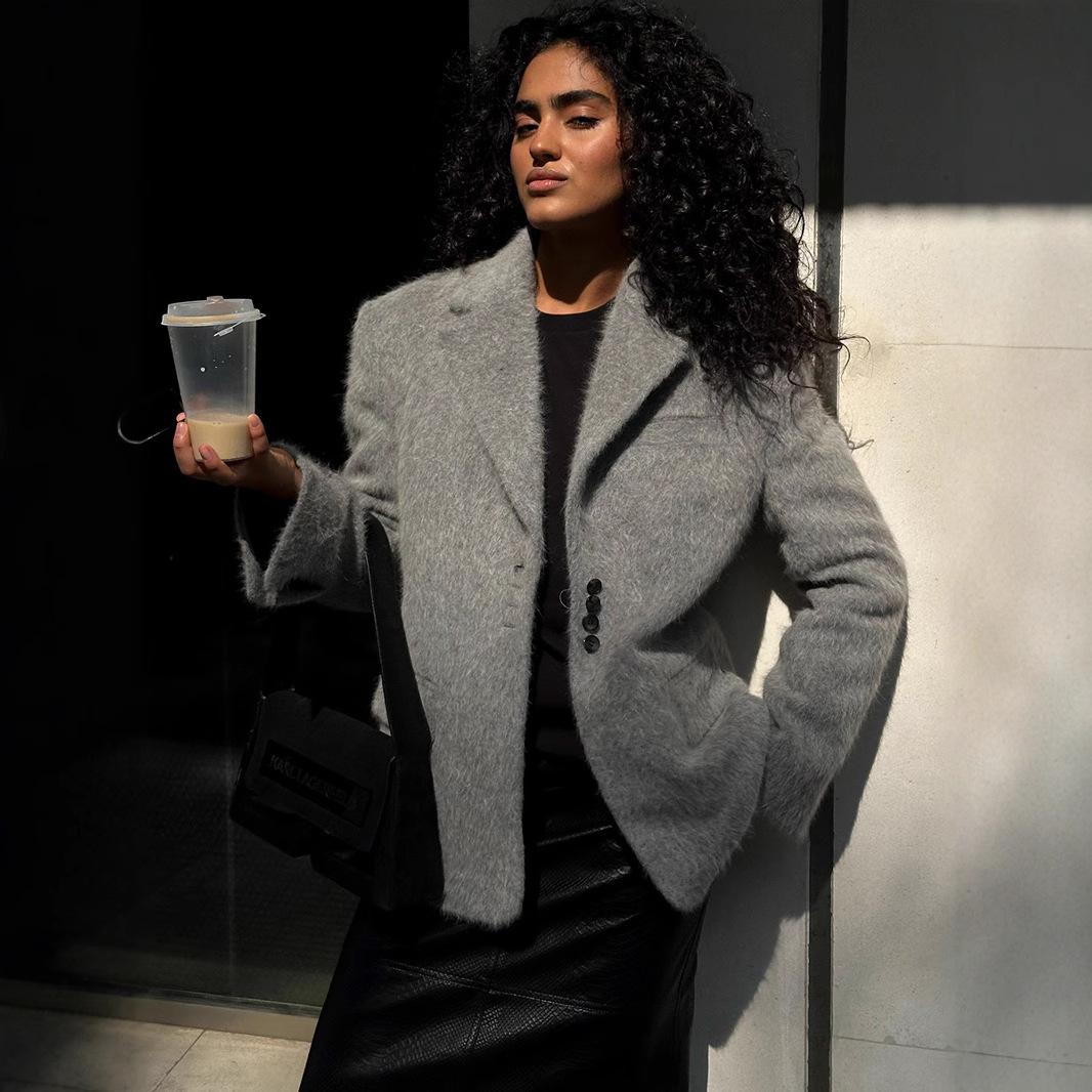 

Женский пиджак-блейзер с лацканами из вельвета, нарядный повседневный деловой пиджак, зимняя осенняя модная верхняя одежда для работы, длинное пушистое пальто из искусственного меха для женщин L серый