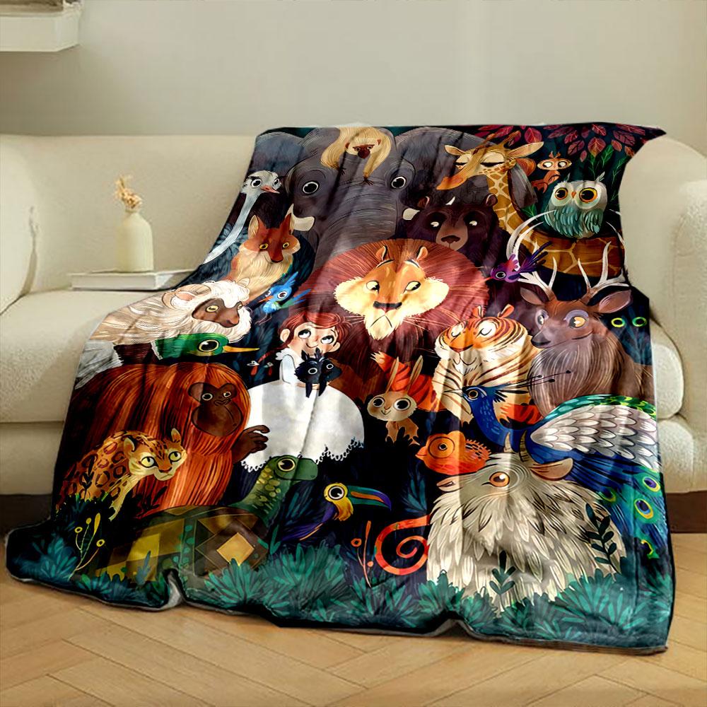 A colorful gathering of various animals and a person in a forest setting. for all seasons blanket lunch break throw gift