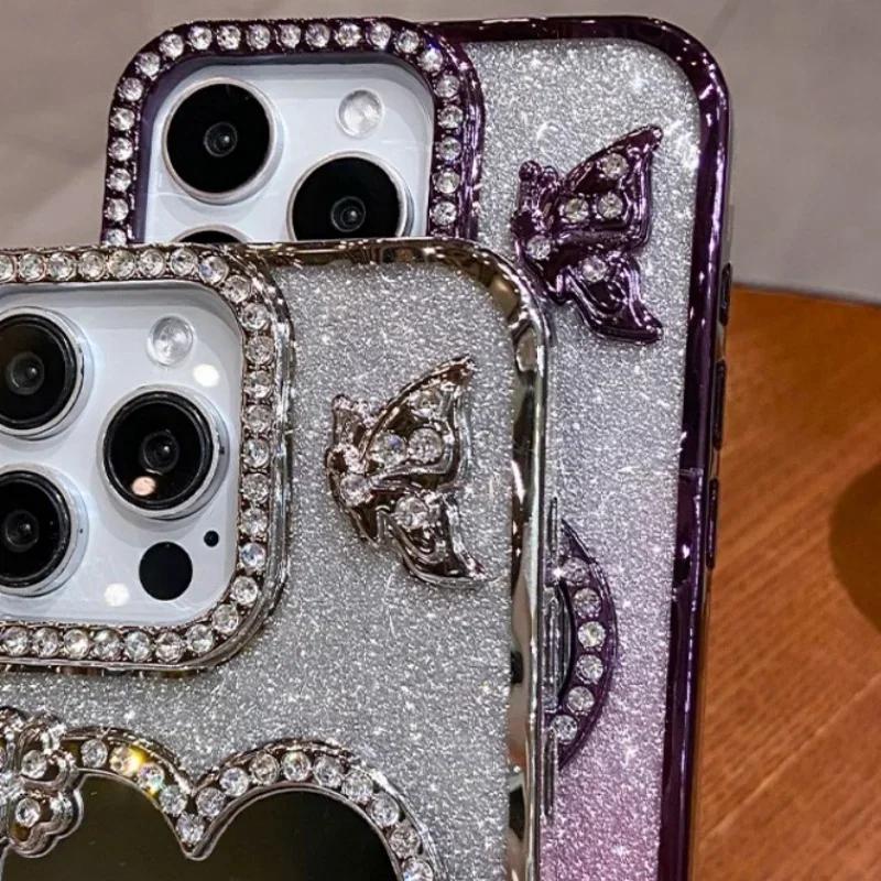 Hjerte Sminkespeil Deksel For iPhone 16 Pro Max 15 Plus Plating Sommerfugl Deksel For iPhone 14 Pro 13 12 11 Glitter Diamant Deksel