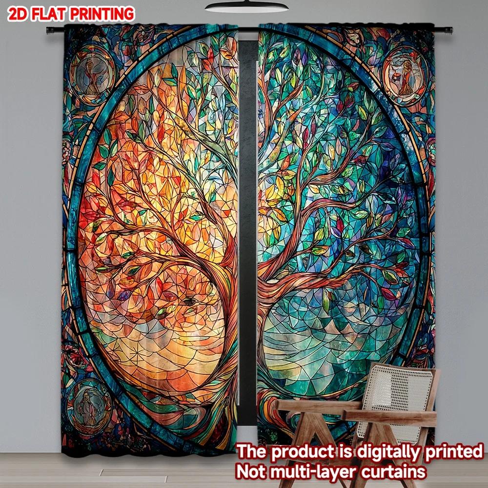 Modern Stained Glass Tree Curtains Colorful Orange Blue Forest Pattern Effect Living Room Semi Sheer Set Of 2 Made Polyester Sitting Decor