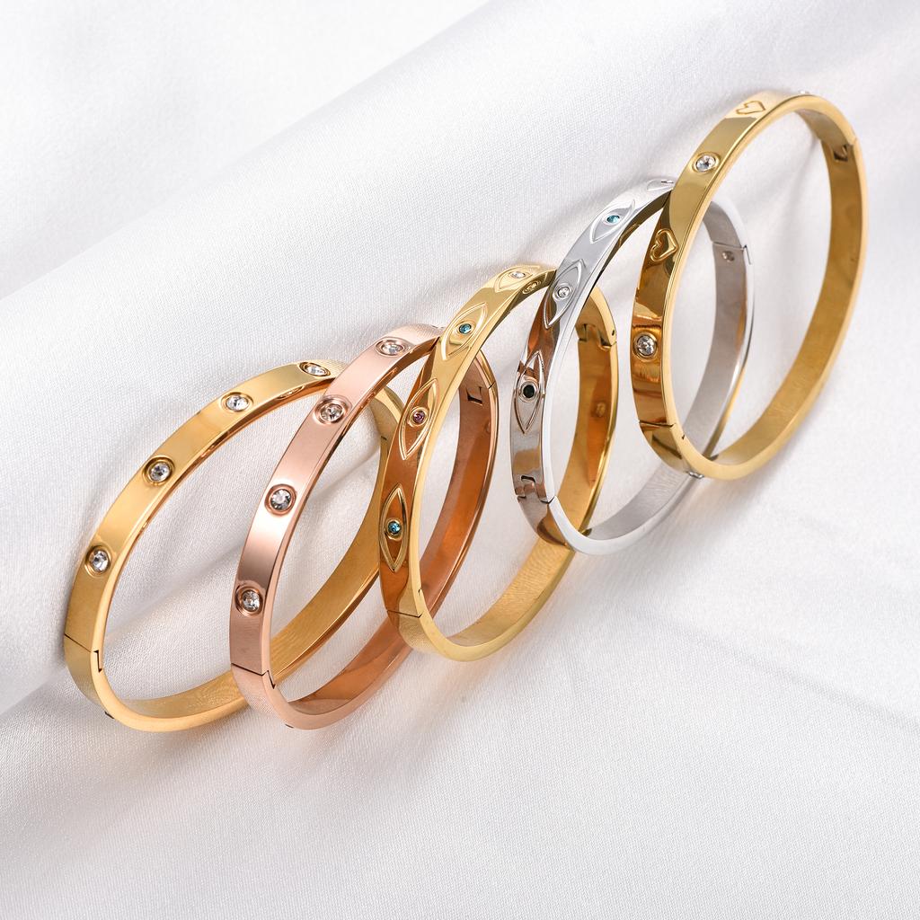 Stainless Steel Zirconia Bangle for Women Openable Eye Heart Cuff Bracelet Wristband Polished Metal Jewelry Accessories Gift