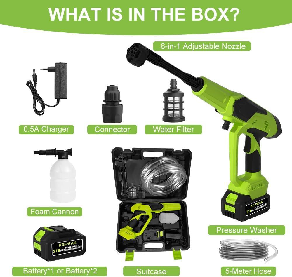 Portable Cordless High Pressure Cleaner Washer with 6-in-1 Nozzle Foam Cannon 21V Battery Handheld Pressure Washer for Car