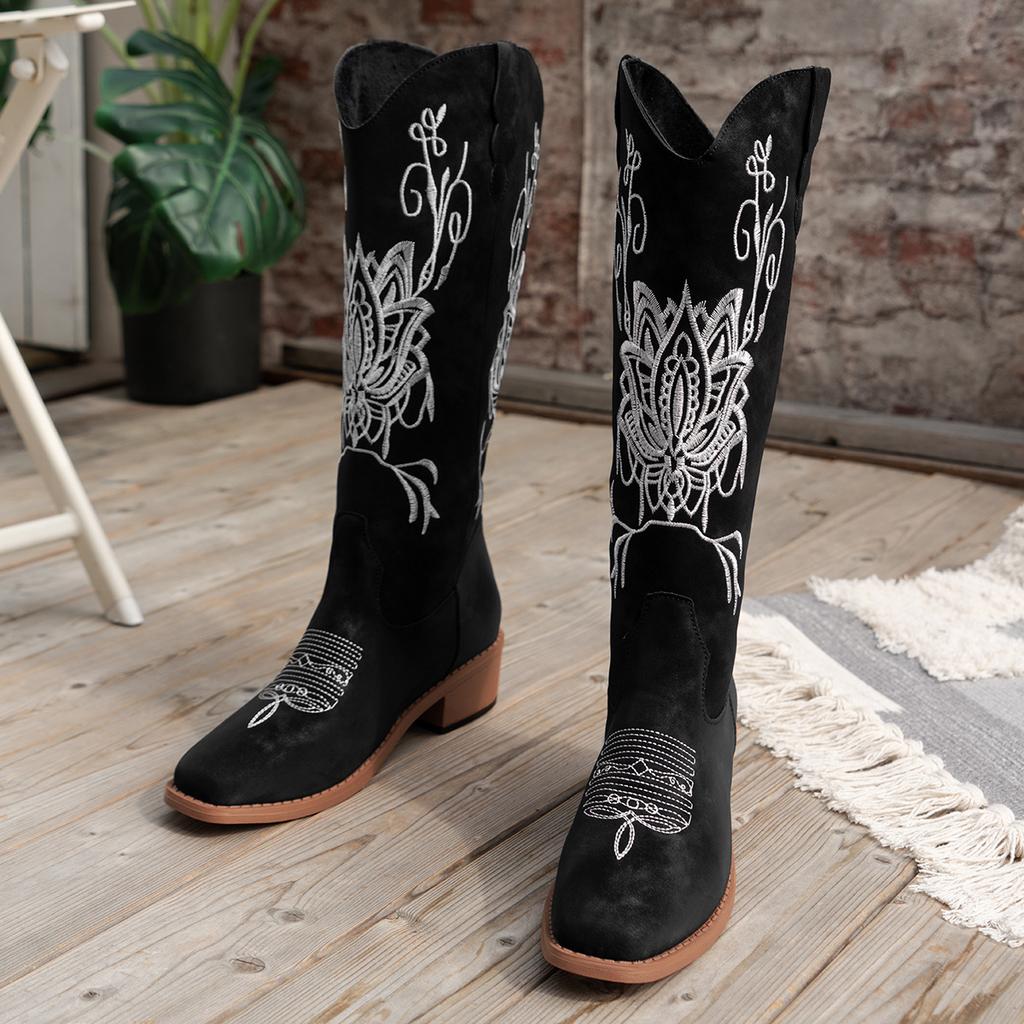 Außenhandel Herbst und Winter neue europäische und amerikanische quadratische Zehen Damenstiefel bestickte mittelhohe Schaft einfarbig dicker Absatz Übergröße Ritter b