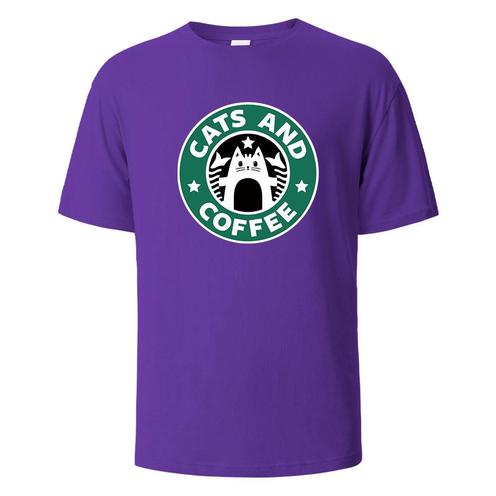 Cats And Coffee Street Funny TShirt For Men Fashion Casual Loose Cotton Clothing Crewneck Breathable Tshirt Hip Hop Tees