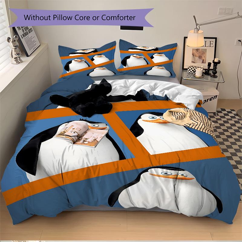 Four Cartoon Penguins Print 3Pcs Bedding Set,Duvet Cover with 2 Bedro,Pillowcase Home Birthday Gift