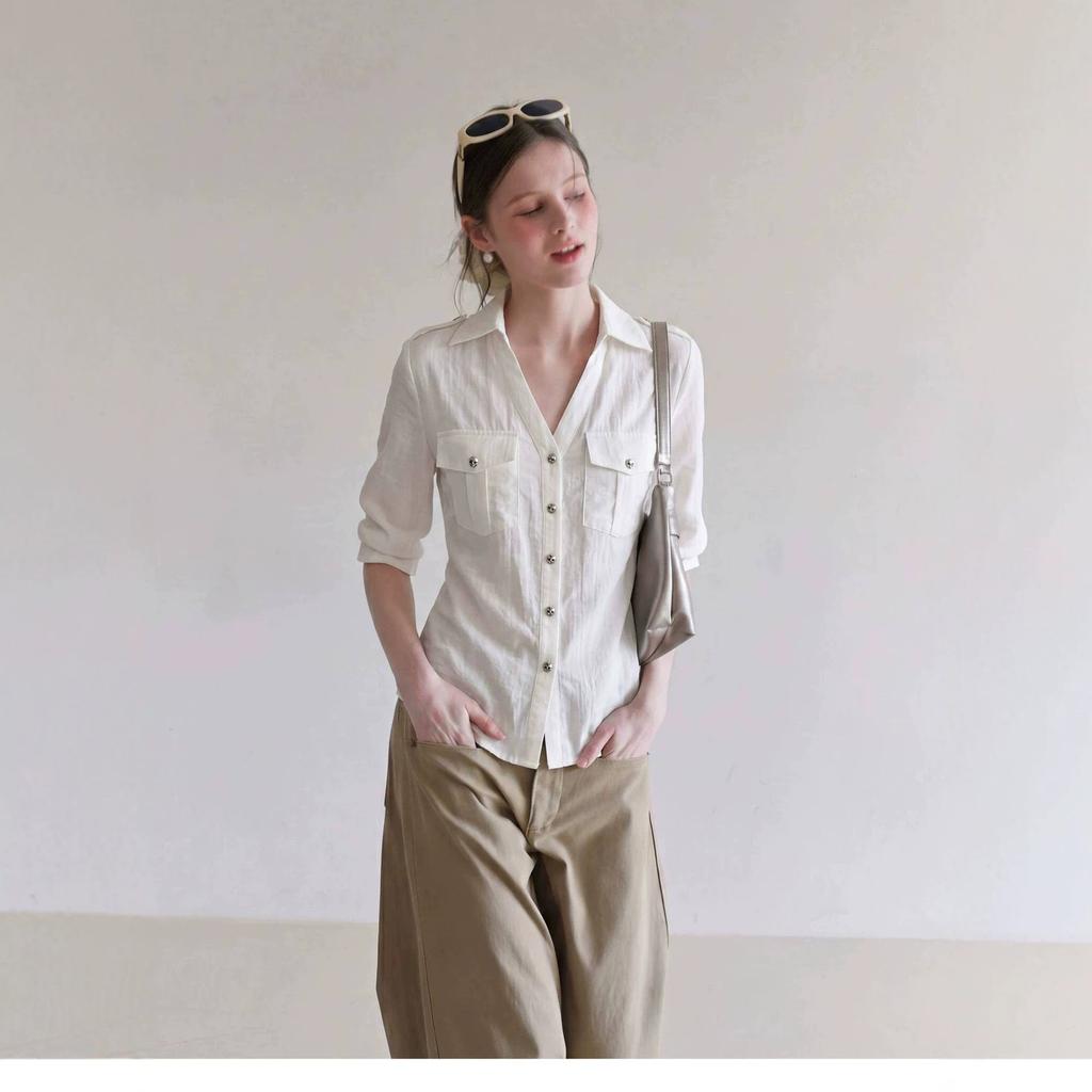 French white linen old money style shirt women's summer high-end cotton and linen waist shirt temperament five-quarter sleeve top