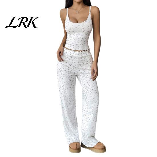 Cute Summer Pajamas with Thin Straps Women Set Floral Print, Sleeveless U Neck Soft Ribbed for Camisole And Pants, Sexy Comfortable Skin-friendly