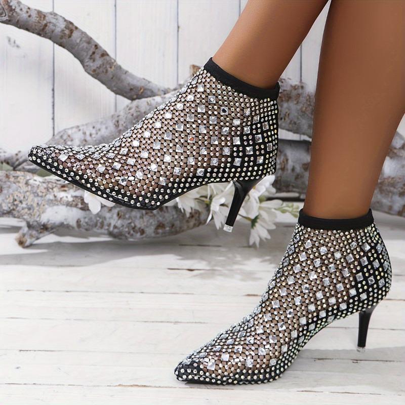 Sexy Pointed Fine Heel Big Size Hollow Rhinestone Elastic Transparent Fashion High Heel Women's Sandal Boots