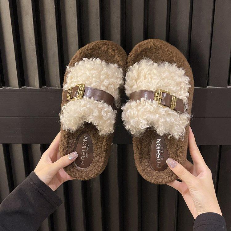 Thick-bottomed Fluffy Slippers Women's Outer Wear 2025 Autumn and Winter New Fashion Home Fluffy Muffin Warm Cotton Slippers