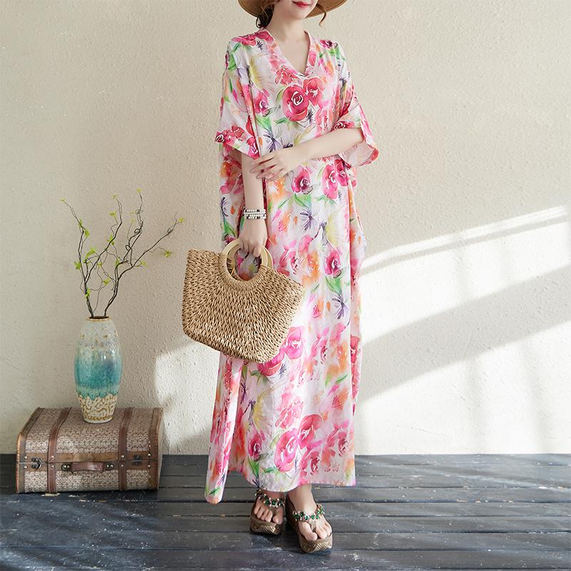 

DIMANAF 2025 Женское платье больших размеров Весна-лето Повседневное платье Базовое свободное хлопковое льняное винтажное цветочное макси One Size розовый