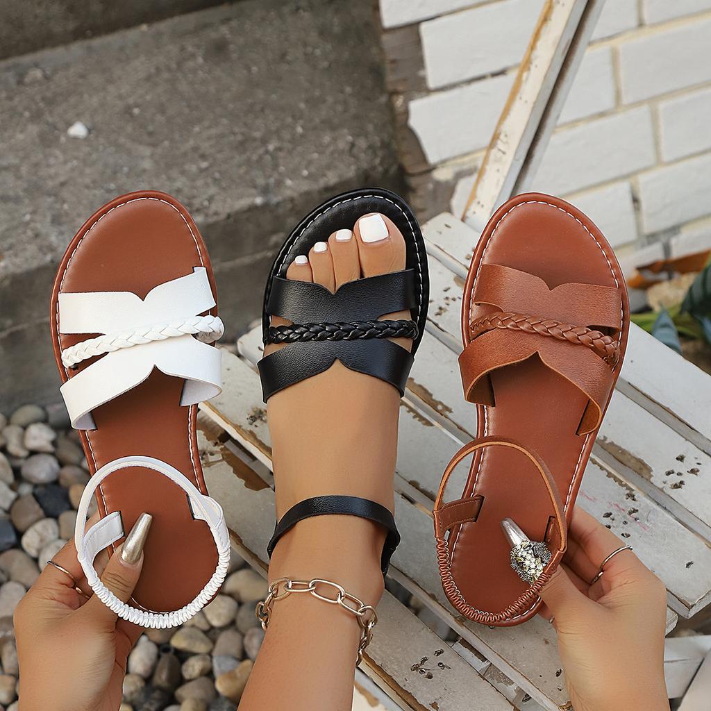 2025 Foreign Trade New Casual Flat Roman Sandals with One-word Buckle Strap Cross-woven Large-size Women's Shoes