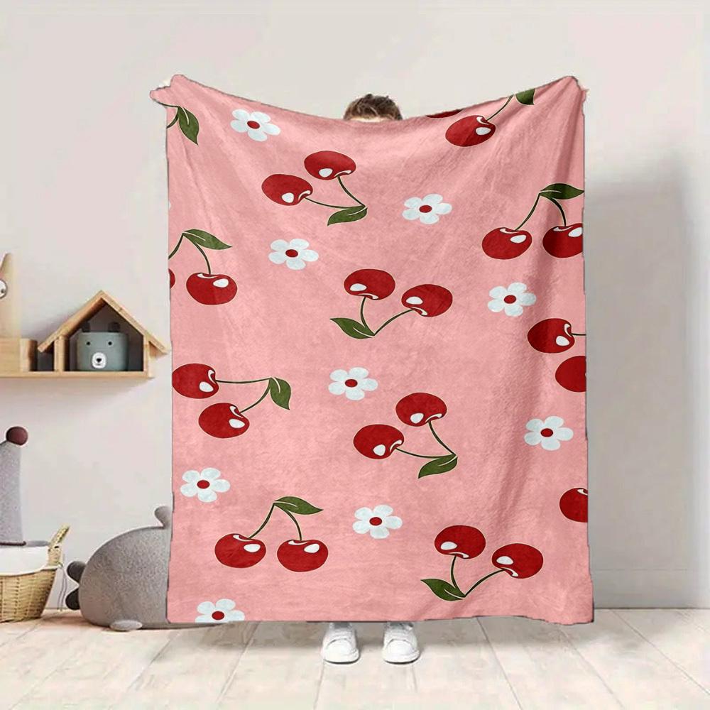 1pc Cherries Blossoms Lightweight Flannel Blanket, Comfortable and Warm Blanket, for Office and Camping Sofa Bed, Livingroom097