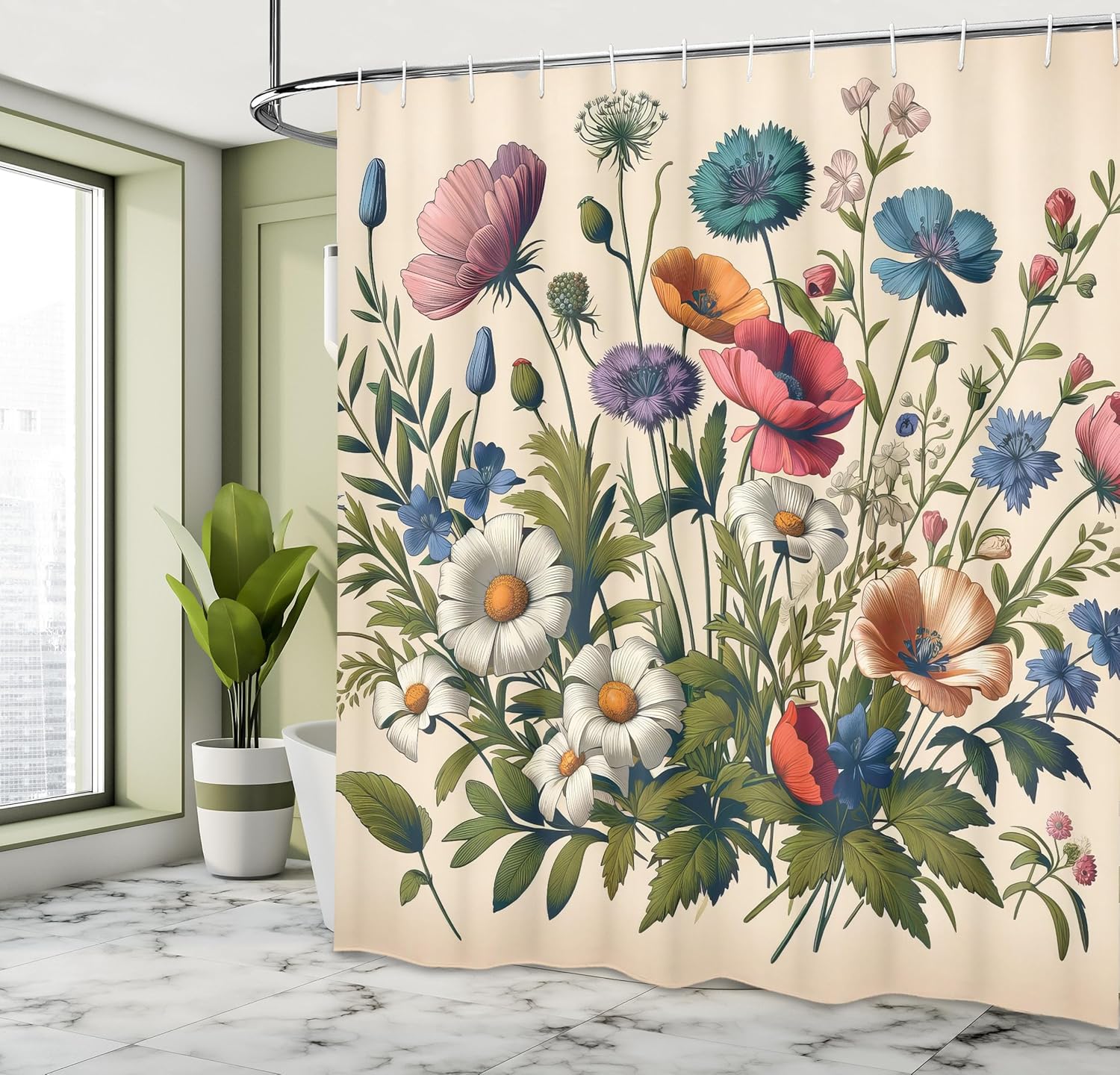 Floral Eucalyptus Shower Curtain, Colorful Blossomy Meadow Wild Flowers Botanical Themed, Cloth Fabric Bathroom Decor 90x180cm