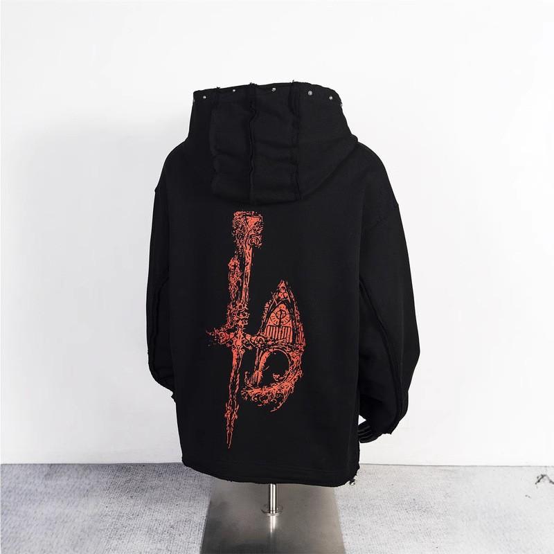 Mens Oversized Streetwear Hoodie With Satanic Moon Star Print Washed Cotton Blend Casual Sweatshirt