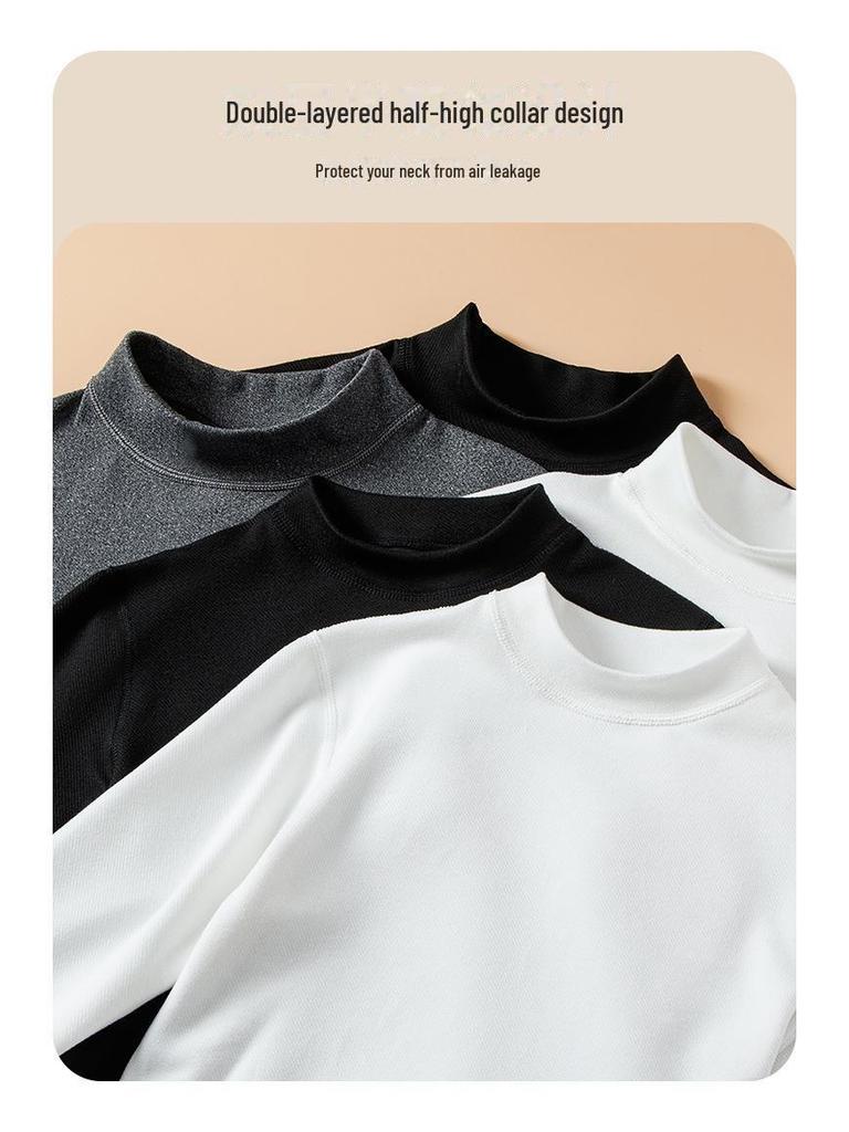 Unisex White Long-Sleeve Thermal Top - Korean Style Half Turtleneck for Autumn/Winter