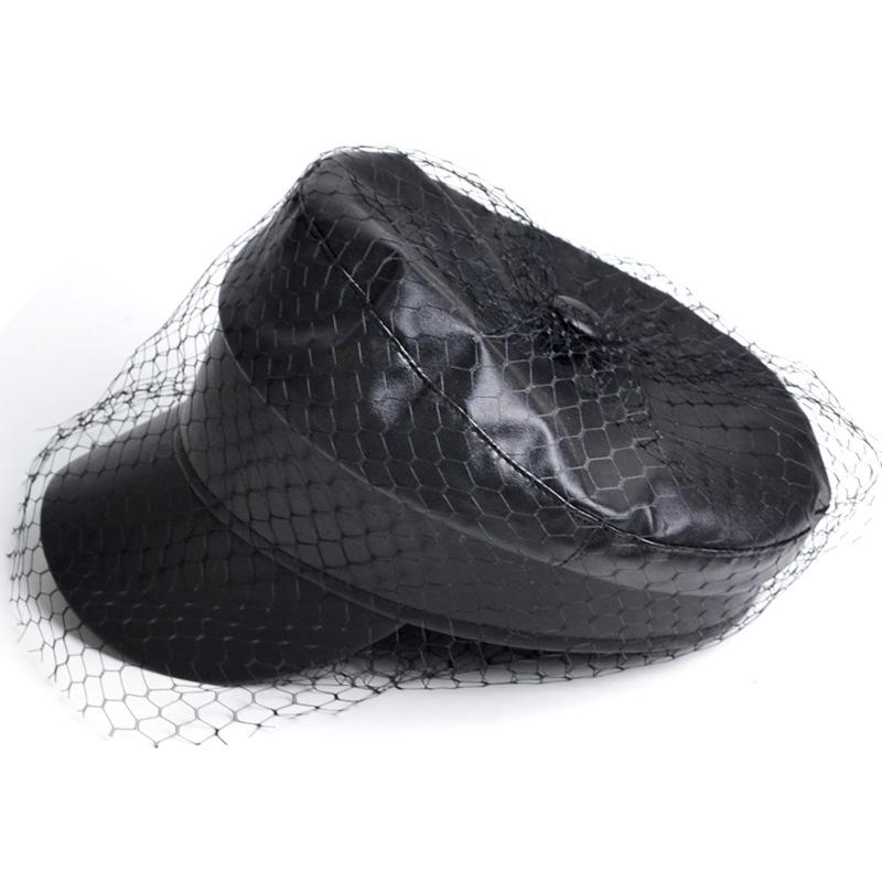 Fashion Lace Mesh Yarn Berets Hats For Women Girl Vintage Black Denim/Pu Flat Top Newsboy Caps Female Elegant Short Brim Sun Hat