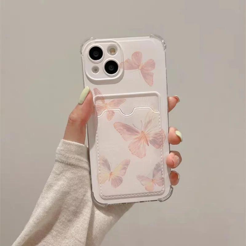 Butterfly Card Holder Pocket With Lanyard Case For Samsung Galaxy S25 Edge S23 S24 S25 Ultra S22 S21 Plus S20 FE Cover Cute Soft
