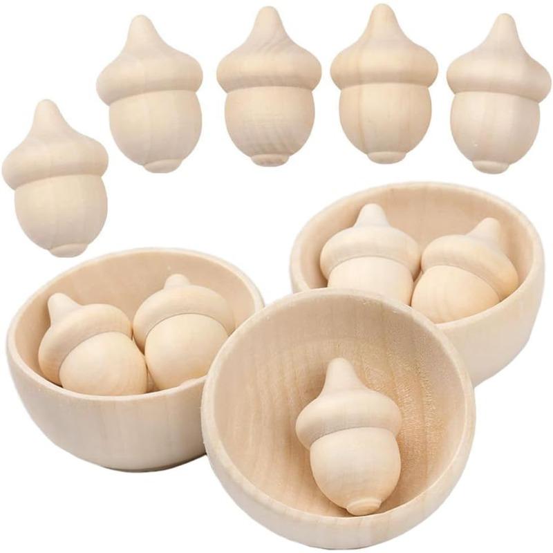 13PCS Unfinished Wooden Acorns and Bowl Kits Paintable Wooden Acorns Figurines Unfinished Wooden Ornaments Decorative