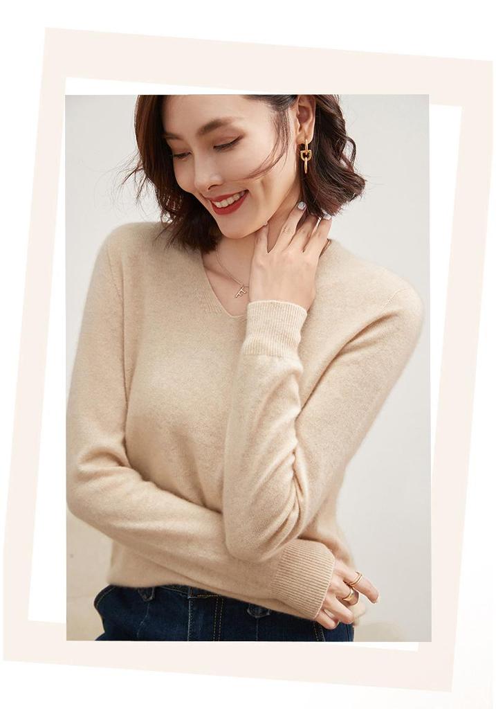 Leka Sha Women's Cashmere V-Neck Sweater, Autumn/Winter Long Sleeve, Slimming Fit, Elegant Wool Base Layer 2026