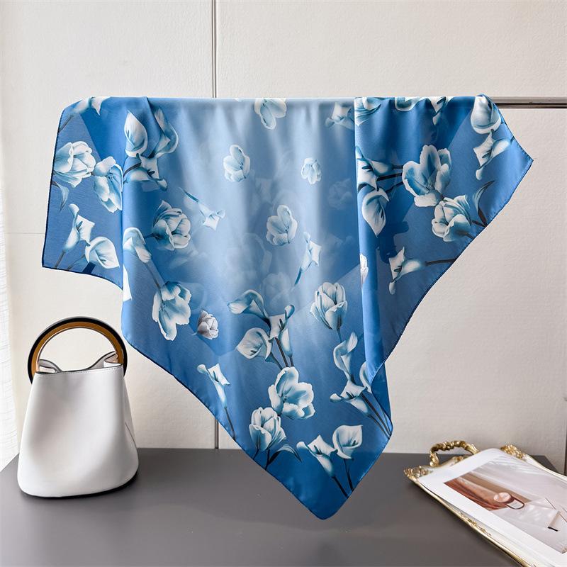 Geometrik renk uyumu eşarp renk uyumu çiçekli ipek eşarp imitasyon ipek kadın kare eşarp 71x71cm başörtüsü şal seyahat eşarbı