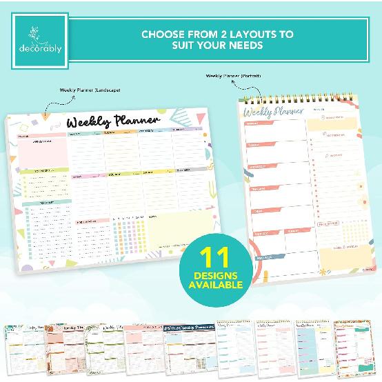 Decorably 52 Sheets Colorful Pastel Undated Weekly to Do List Notepad - 6.5x10" Spring-Bound Planner Pad, Easy Tear-Off, for Priorities, to-Do List,