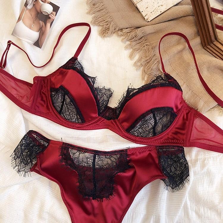 Französische sexy Unterwäsche Kontrastfarbige Einsätze Perspektive Wimpernspitze Unterwäsche Große Brust Kleiner BH