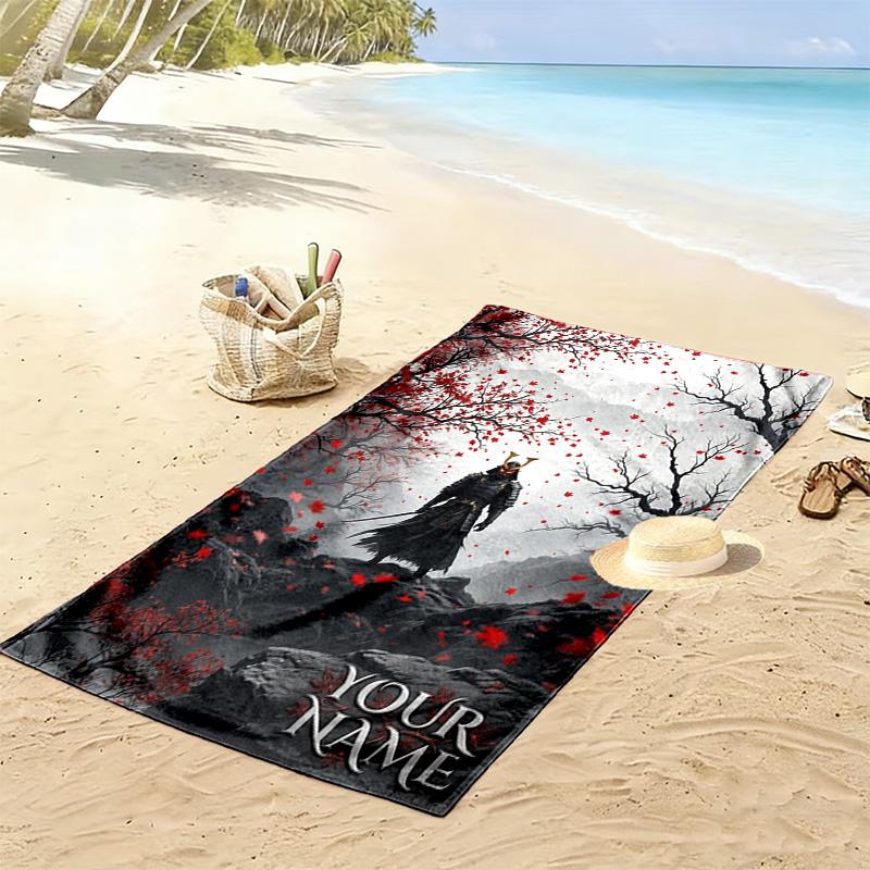 Name Custom Japanese Samurai Print Beach Towel, Large Soft Quick Dry Towel for Beach Camping Swimming