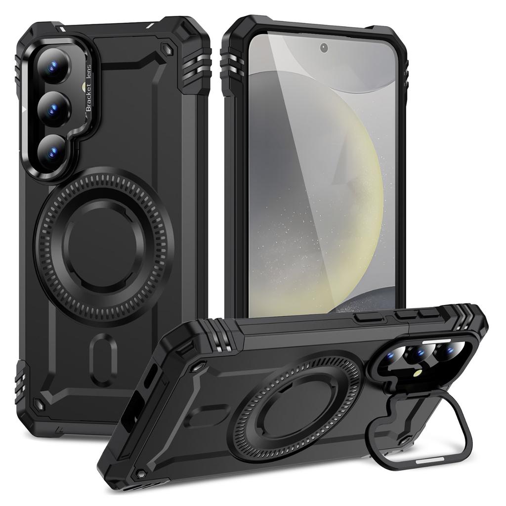 For Samsung Galaxy S24 Magnetic Case Lens Kickstand PC + TPU Shockproof Phone Cover