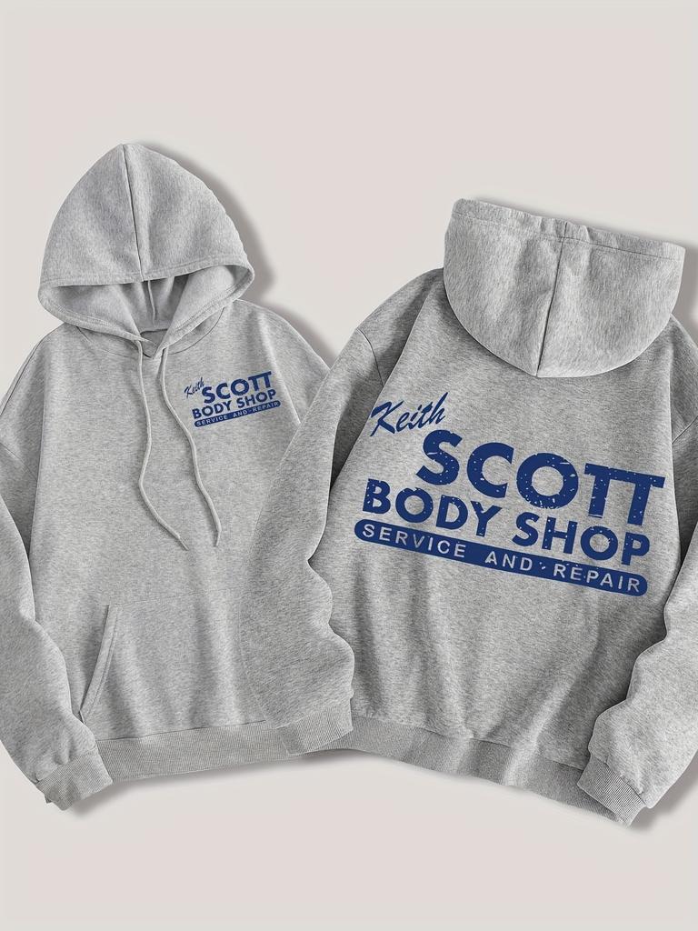 Retro‑print Men Hoodie Front Tiny Workshop‑text Motif, Back Oversized Vintage Distressed Letter Graphic Pullover For Soft Relaxed Casual Street Wear