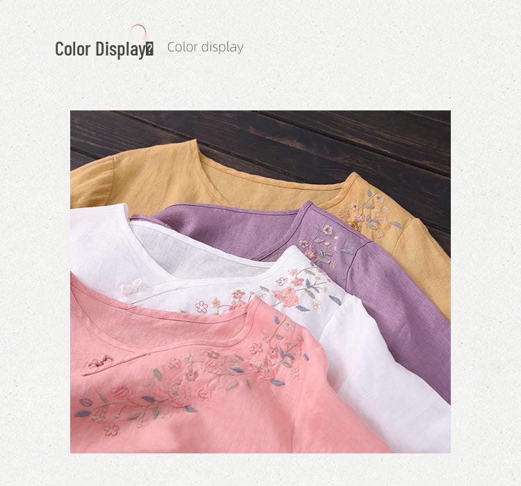 Ethnic Style Cotton-Linen Embroidered T-Shirt: Artistic Retro, Buttoned, Round Neck, Short Sleeve, Summer Loose Fit for Women