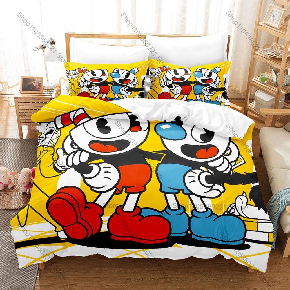 Kawaii Cuphead and Mugman Pattern Bedding Set 3 Piece Duvet Cover with Pillowcase for Kids Adults Bedroom Decor