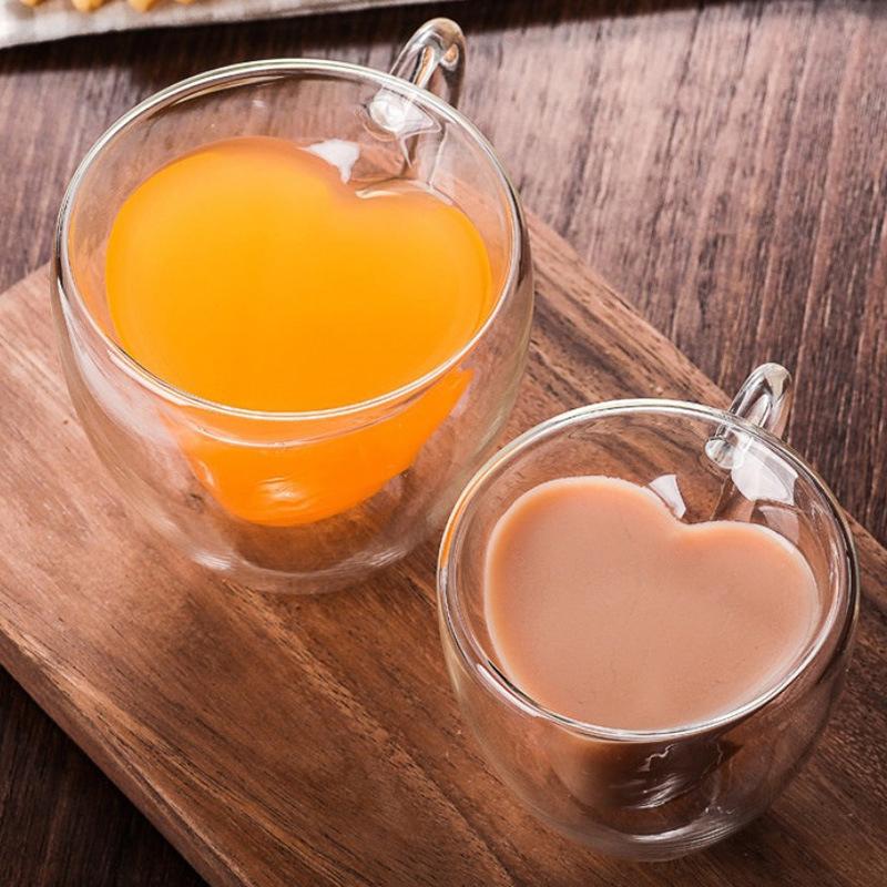 Anti-scald Heart Shaped Glass Cup Double Walled Insulated Glass Coffee Mug Double Wall Glass Clear Unique Insulated with Handle