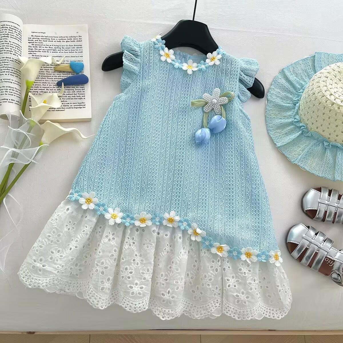 Summer Girls Lace Floral Princess Dress Vacation Sleeveless Party Dress For Little Kids 90cm