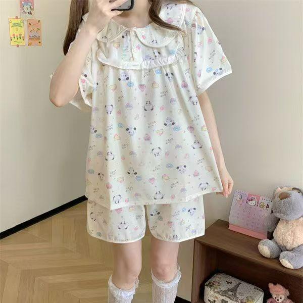 Sweet girl shaved ice bear pajamas women's summer short-sleeved shorts cute doll collar suit student dormitory loungewear
