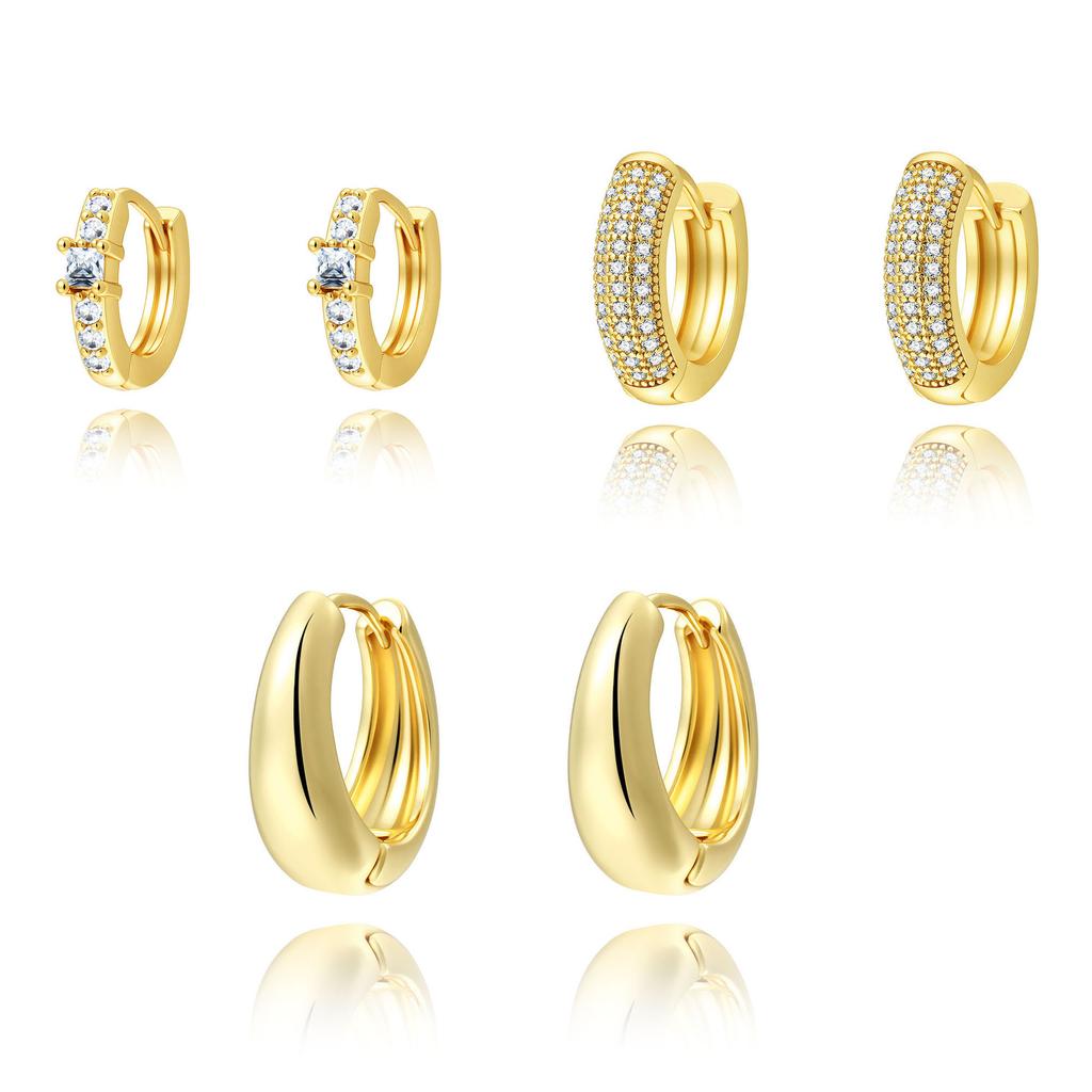 Inlaid Zircon Copper Ear Buckle, Electroplated Real Gold Creative Temperament Earrings 3 Pairs Of Earrings Set
